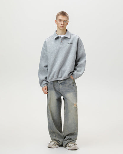 "Get Real" Oversized Embroidered Polo Sweatshirt